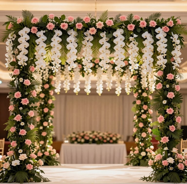 A grand wedding mandap decorated with cascading white orchids and pink roses, luxury indoor lighting, shallow depth of field