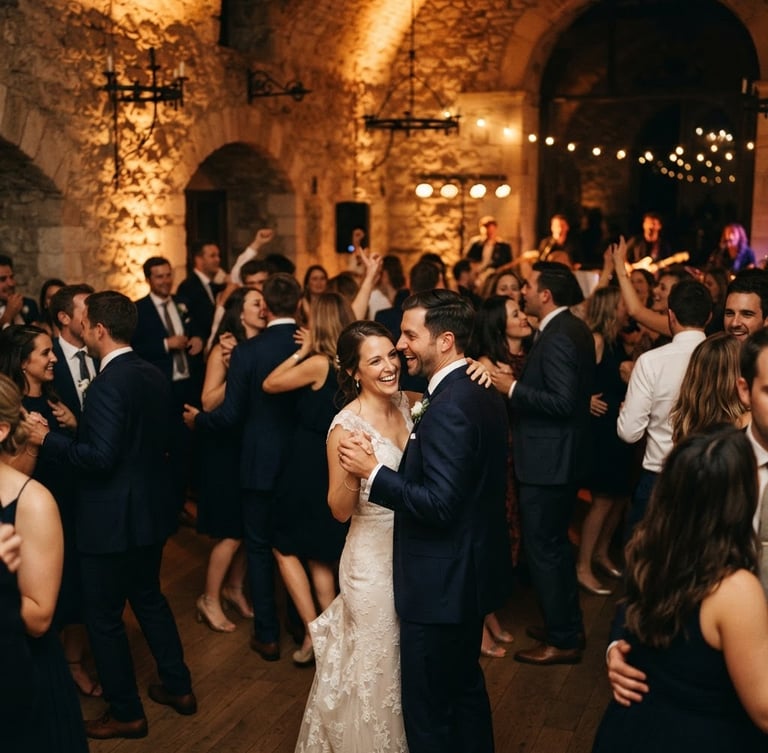 Low-light elegant wedding dancefloor, warm ambient uplighting washing historic stone walls, guests dancing in soft focus, golden hour indoor glow, 35mm lens