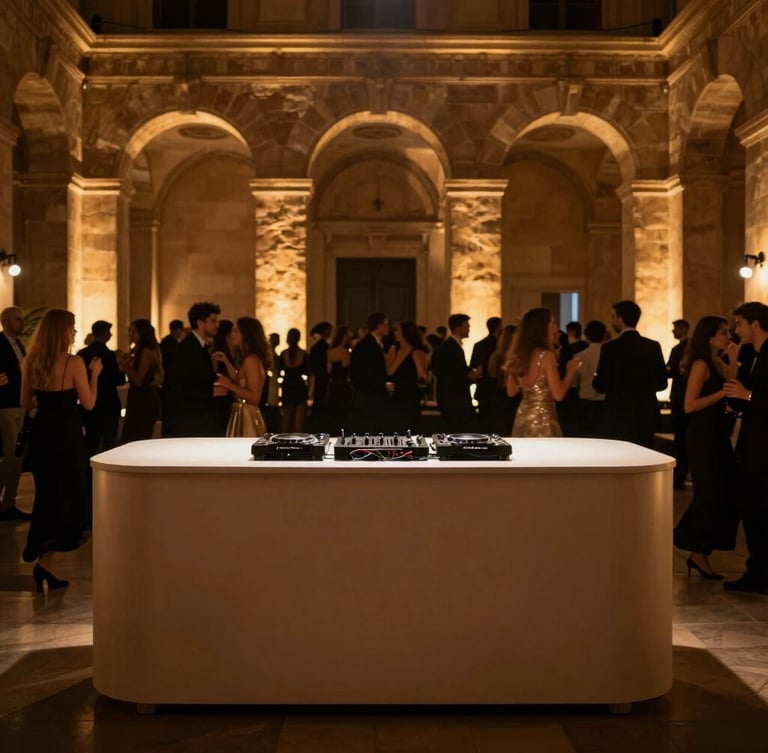 Moody event photography of a sleek, minimalist DJ booth in a historic European venue, warm ambient uplighting casting a golden-hour indoor glow on stone arches, deep shadows, elegant crowd dancing in the background