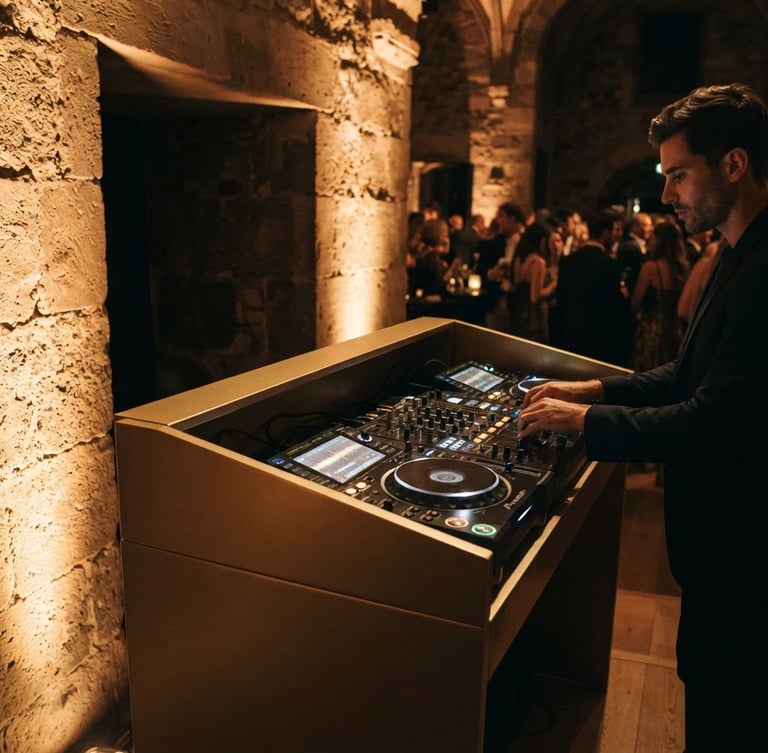 Moody close-up of a minimalist champagne-gold DJ booth, cable-free design, warm architectural uplighting in a historic European venue, 35mm lens