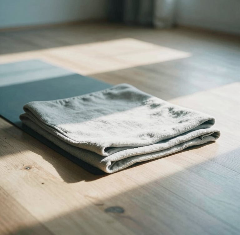 Serene film photography of a quiet sunlit yoga studio with natural wood floors, a single folded cotton blanket, and soft morning shadows, shallow depth of field.