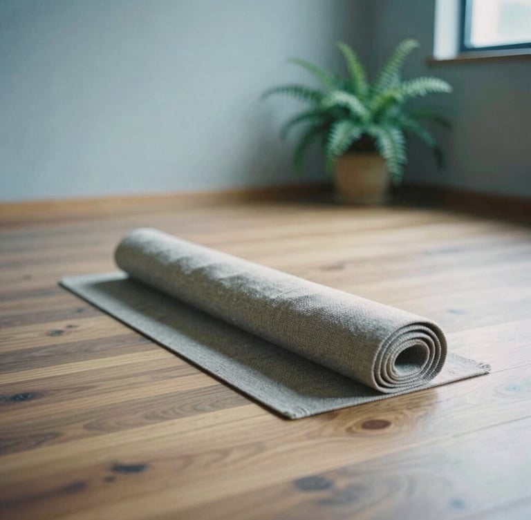 Serene film photography of a quiet yoga studio interior, soft diffused morning daylight illuminating smooth wood floors, a single rolled linen mat, and a small potted fern in the corner, shallow depth of field.