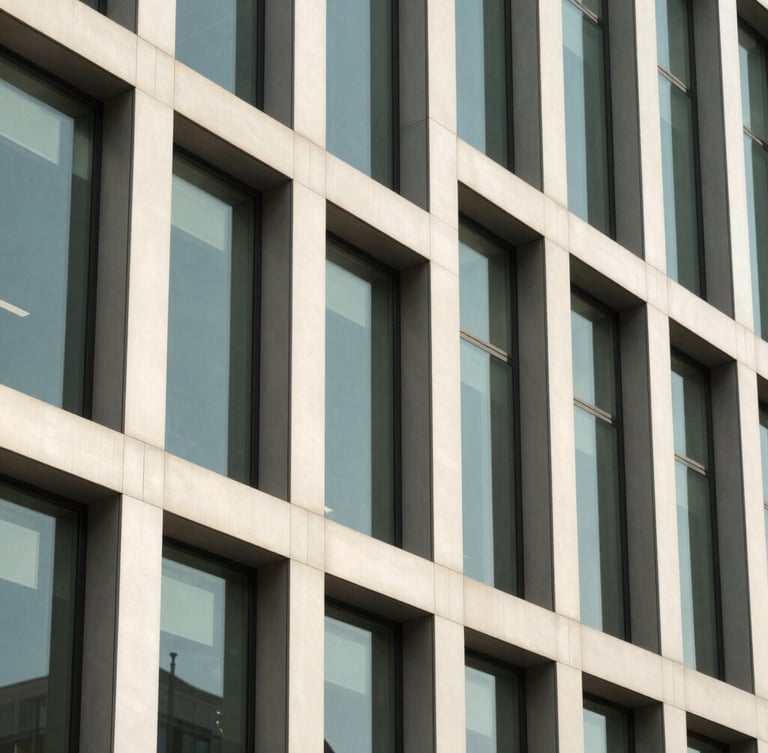 A sharp, high-contrast black and white architectural detail of a modern corporate office facade, geometric steel lines, bright natural daylight, clean composition
