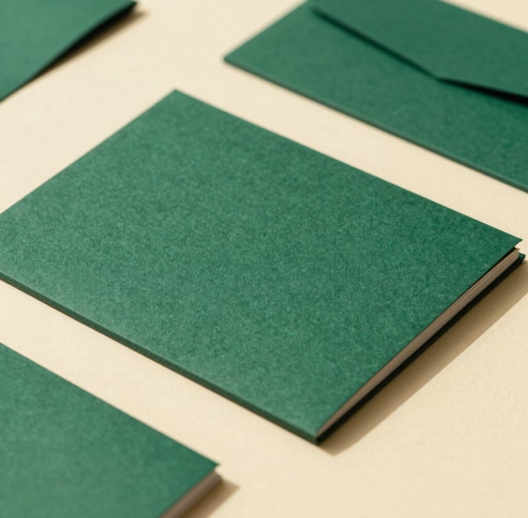 Macro detail of high-end corporate stationery and structured documents on a warm cream desk, bright daylight, deep green accents