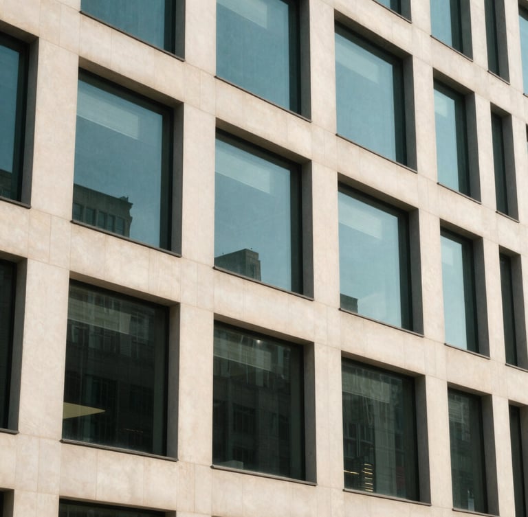 An architectural close-up of a modern corporate office building facade, clean geometric lines, bright natural daylight, soft shadows, 35mm photography