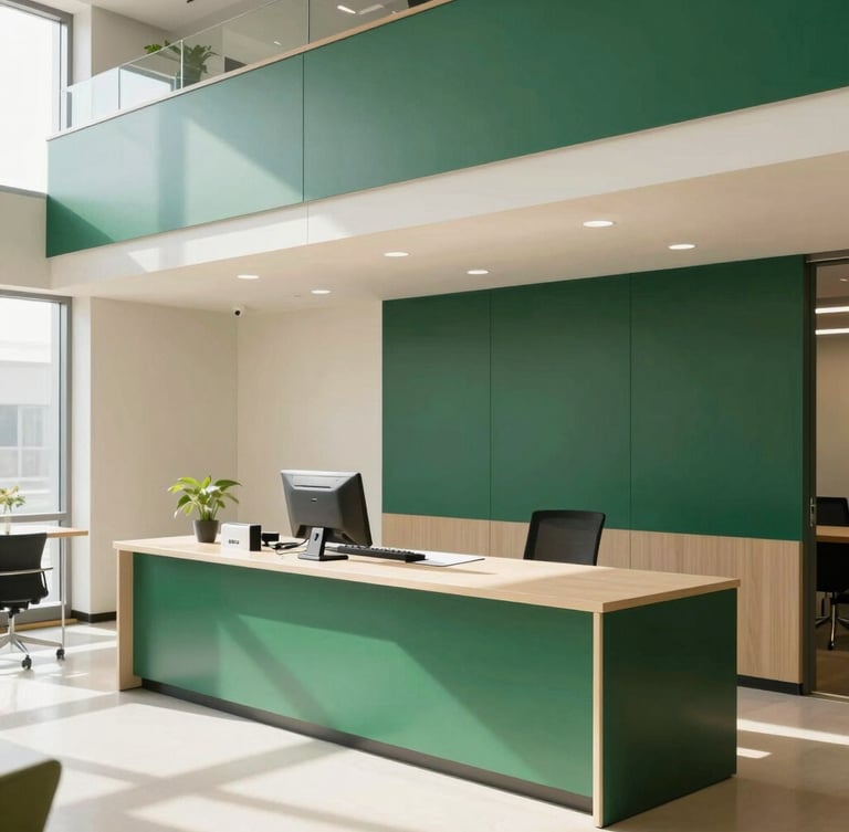 A clean, modern corporate workspace with structured architectural lines, bright natural daylight, deep green accents, 35mm photography