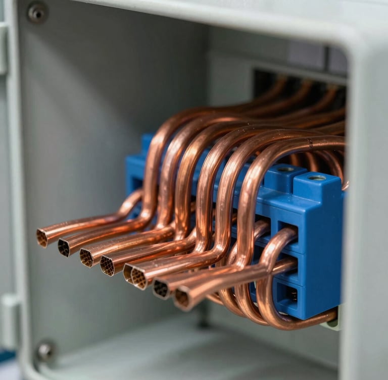 Macro shot of organized copper busbars and blue terminal blocks inside a pristine IP-rated electrical panel, technical workshop lighting, sharp focus