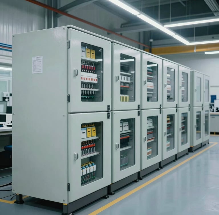 Wide-angle shot of completed electrical panels lined up in a clean, modern factory workshop, cool technical lighting.