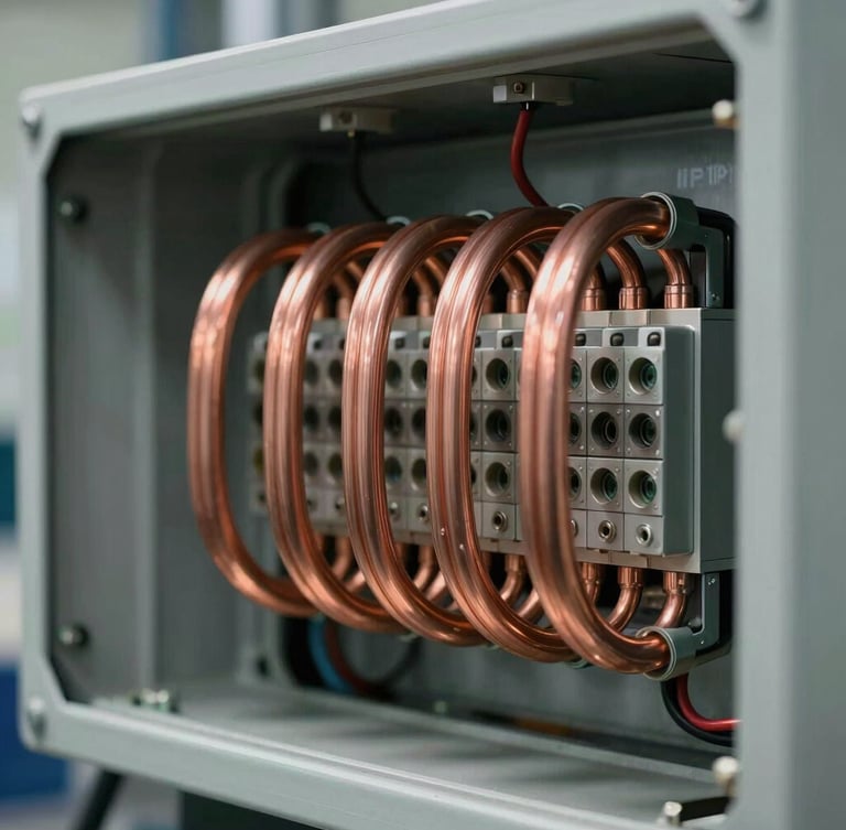 Close-up of pristine copper busbars and organized technical wire routing inside a heavy-duty IP-rated electrical enclosure, cool technical workshop lighting, sharp focus on terminal blocks.