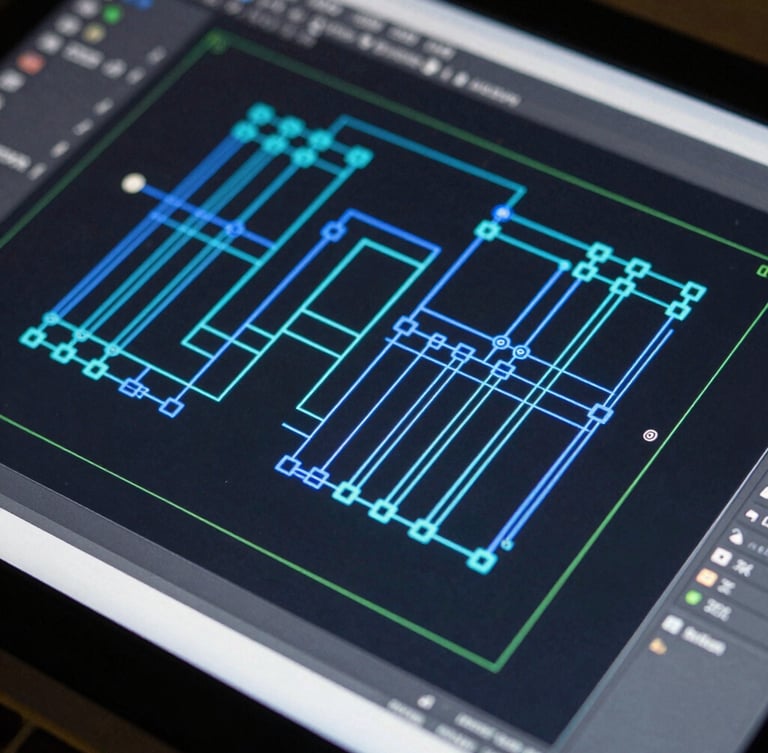 High-resolution CAD screen showing a detailed single-line electrical diagram with blue and cyan vector lines, clean technical interface