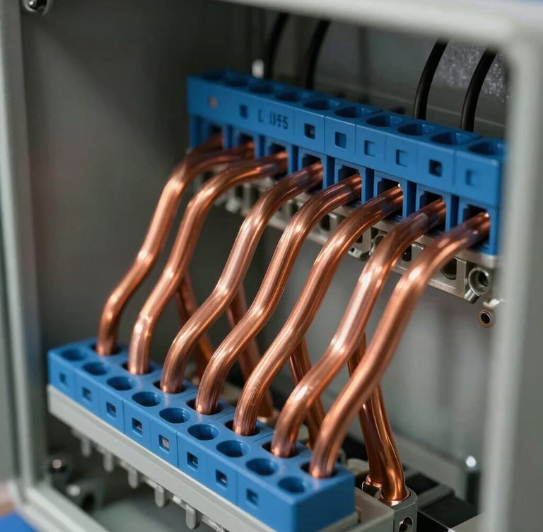 Macro shot of organized copper busbars and blue terminal blocks inside an IP55 electrical panel, sharp technical focus, dramatic workshop lighting