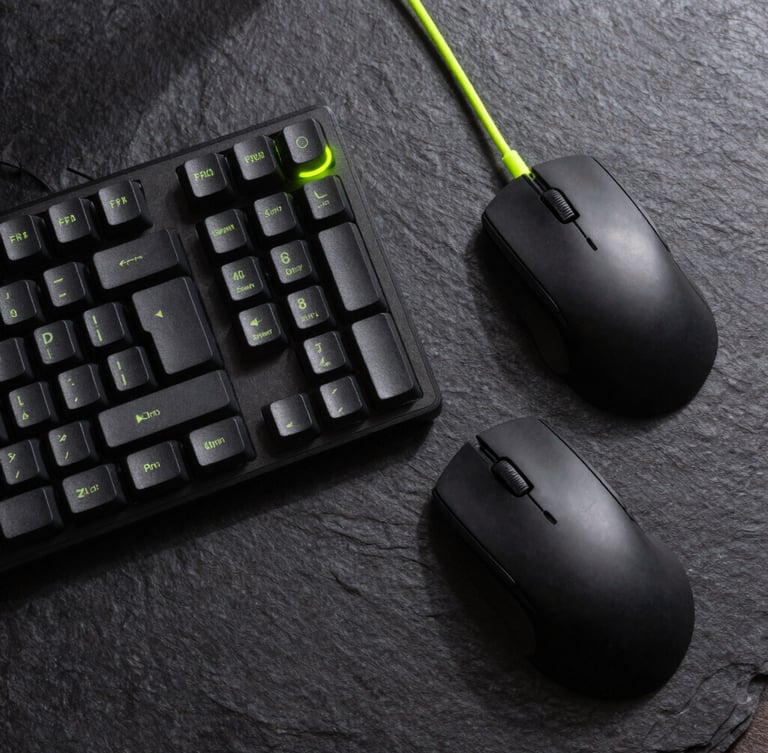 Overhead flat-lay of a sleek modern desk setup on a dark slate background, featuring a mechanical keyboard, a matte black mouse, and neon green cable accents, crisp studio lighting, high contrast shadows
