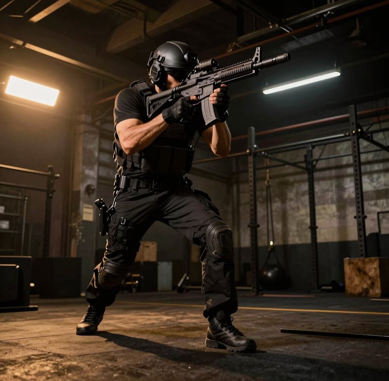 Low-angle dynamic action shot of a tactical defense strike in a dark industrial gym, sharp directional amber lighting, deep shadows.