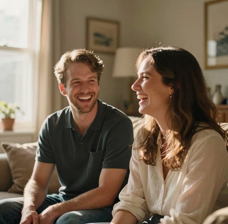 Candid medium shot of Dr. Michael and Kimberly Eaton laughing together in a warm, light-filled living room, soft sunlight, rich natural tones, shallow depth of field.