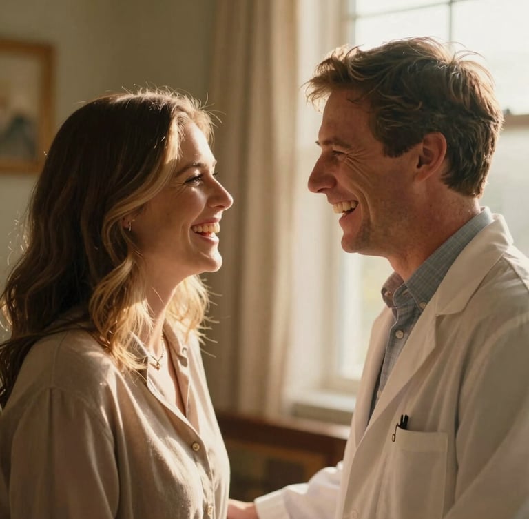 Medium close-up of Dr. Michael Eaton and his wife Kimberly sharing a genuine, candid laugh in a warm, sun-drenched room, soft window light, shallow depth of field.