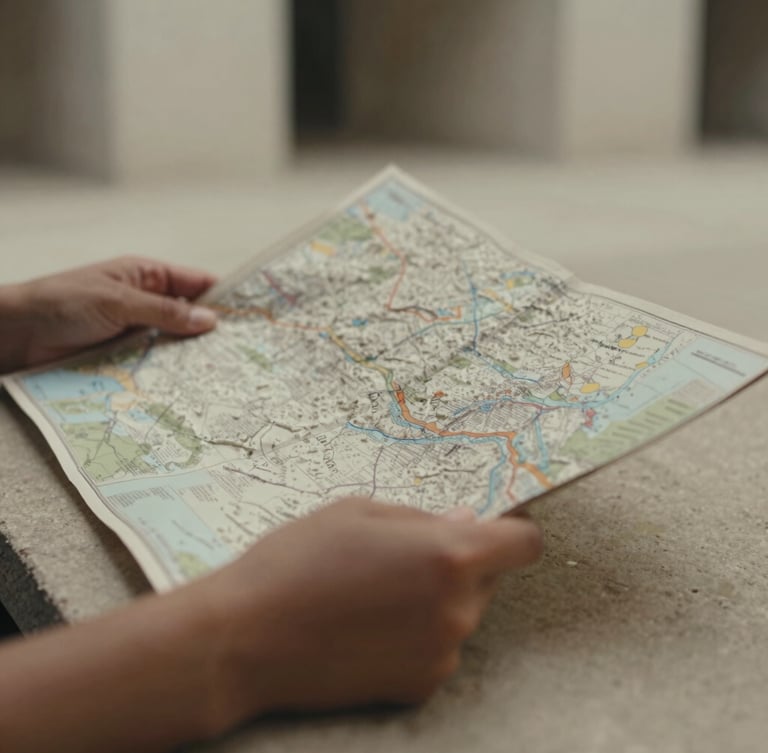 Close-up of tactile details, hands holding a textured heavy paper map on a stone surface, soft indirect daylight, muted tones, shallow depth of field.