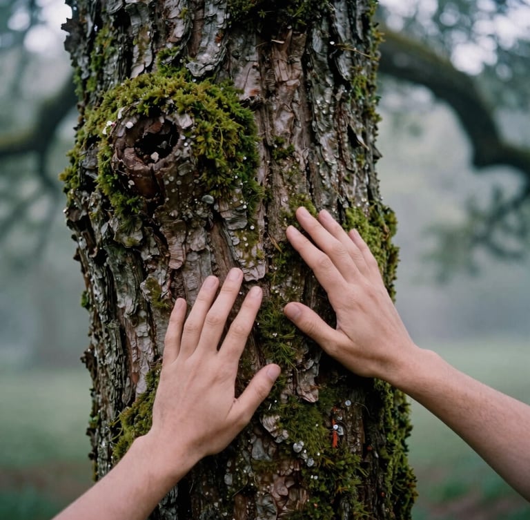 A close-up of hands gently touching the rough mossy bark of an ancient oak tree, soft misty forest background, natural light, 35mm film