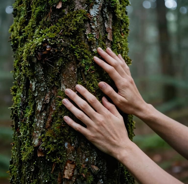 Intimate close-up of hands gently touching textured mossy tree bark, soft overcast forest lighting, deep green and raw brown tones, 35mm film aspect