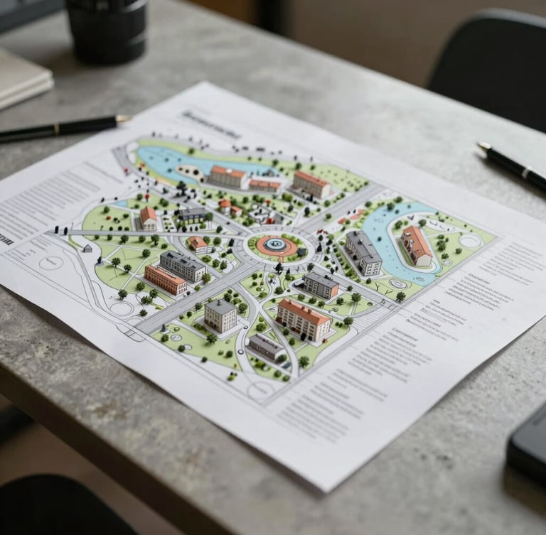 Vue rapprochée d'un plan d'urbanisme posé sur une table de travail en béton brut, lumière naturelle neutre de jour nuageux, cadrage précis.