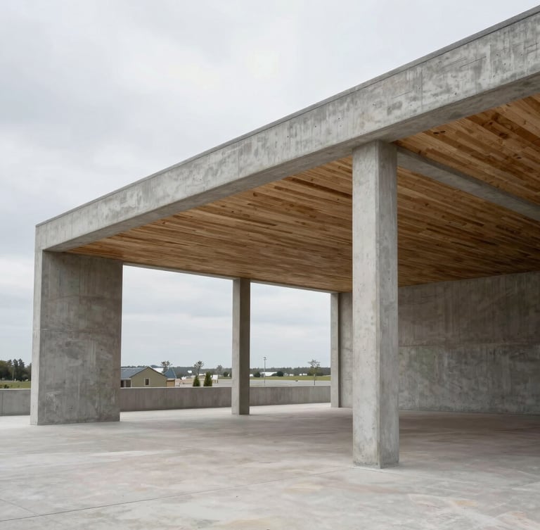 Wide-angle structural photograph of a completed public pavilion made of raw concrete and local timber, overcast daylight, sharp architectural lines, neutral tones