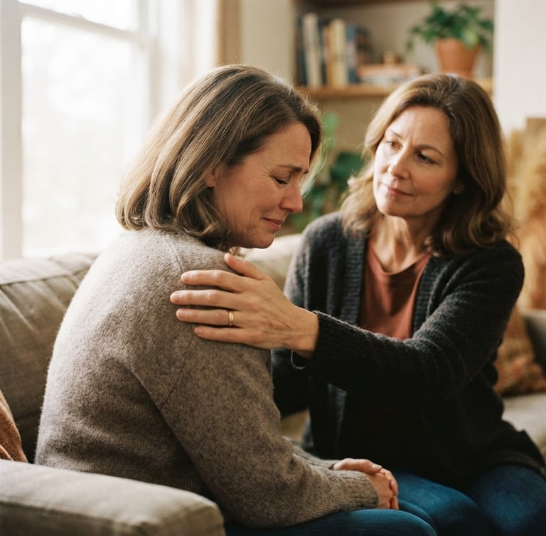 Warm editorial photography, soft natural daylight, a therapist's hand gently resting on a family member's shoulder, conveying deep support and professional care, shallow depth of field, 35mm film style.