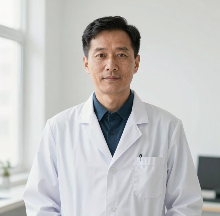 Medium portrait of a confident founding physician in a crisp white coat making direct reassuring eye contact, bright diffused daylight, clean clinical aesthetic, 50mm.