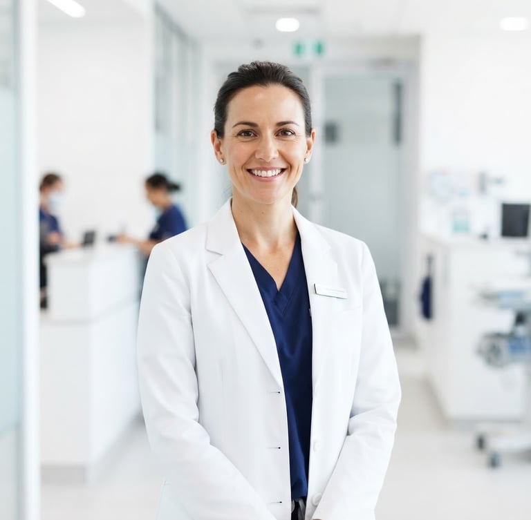 Medium portrait of a confident medical professional in a crisp white coat, bright diffused daylight, spotless modern clinic interior, high-key studio lighting, 50mm.