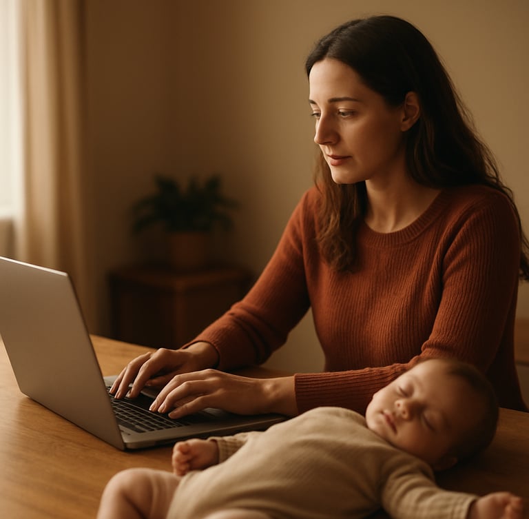 Warm editorial photography of a mother working on a laptop at a wooden table with a sleeping baby nearby, soft window light, terracotta and olive tones, shallow depth of field.