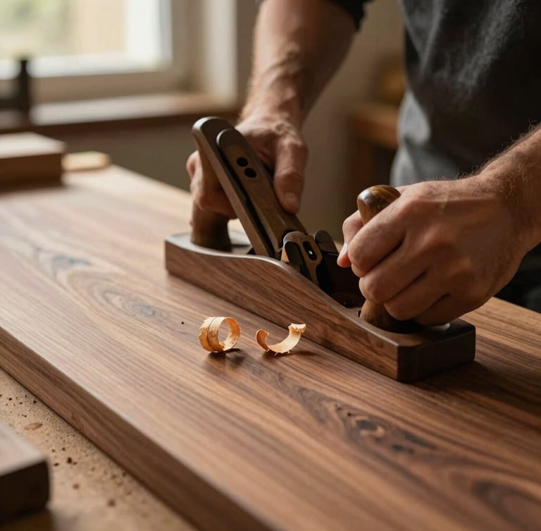 A close-up of a craftsman's hands using a traditional hand-plane on a rich walnut board, wood shavings curling off the surface, warm workshop light, 35mm