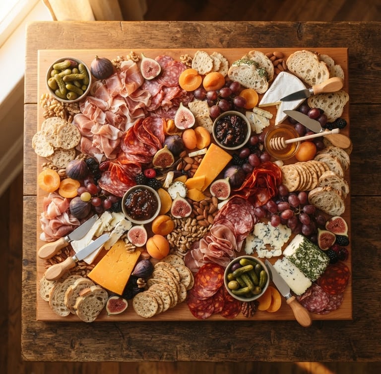Overhead flat-lay of a large hand-planed cherry wood charcuterie board laden with colorful cheeses, figs, and cured meats, warm golden-hour window light, rich saturated wood tones, shallow depth of field, 35mm