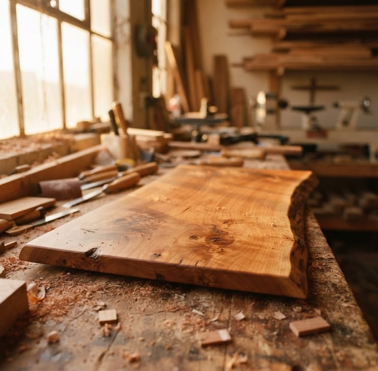 Close-up of golden-hour window light illuminating a beautiful cherry wood charcuterie board, rich grain textures, workshop sawdust in background, warm editorial photography, 35mm