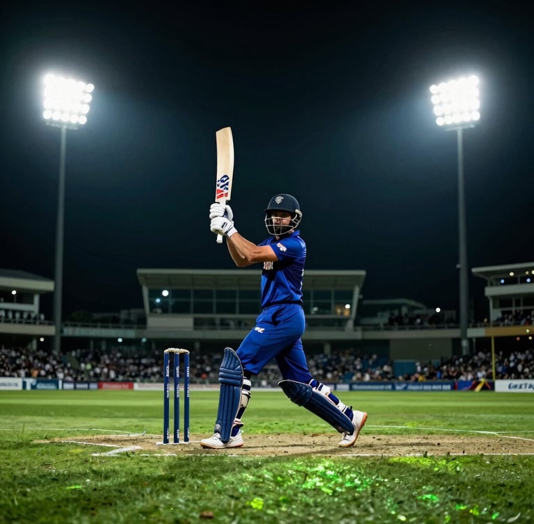 Low-angle dynamic shot of a cricket batsman mid-swing under intense stadium floodlights, deep charcoal atmosphere with glowing green turf reflections, sharp focus, 35mm.