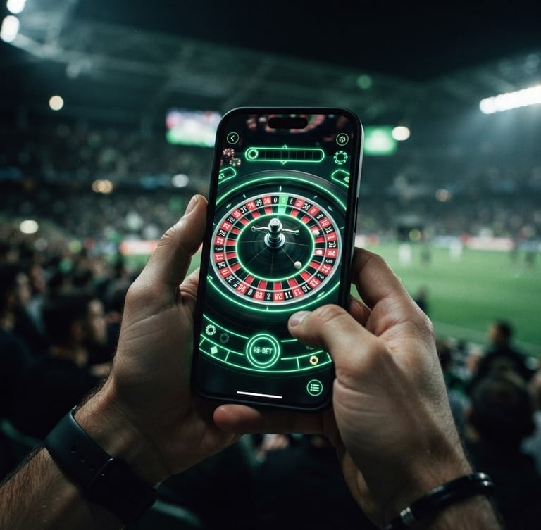 Close-up of a high-end smartphone displaying a live roulette wheel with neon green digital overlays, moody stadium floodlighting, sharp focus, 35mm