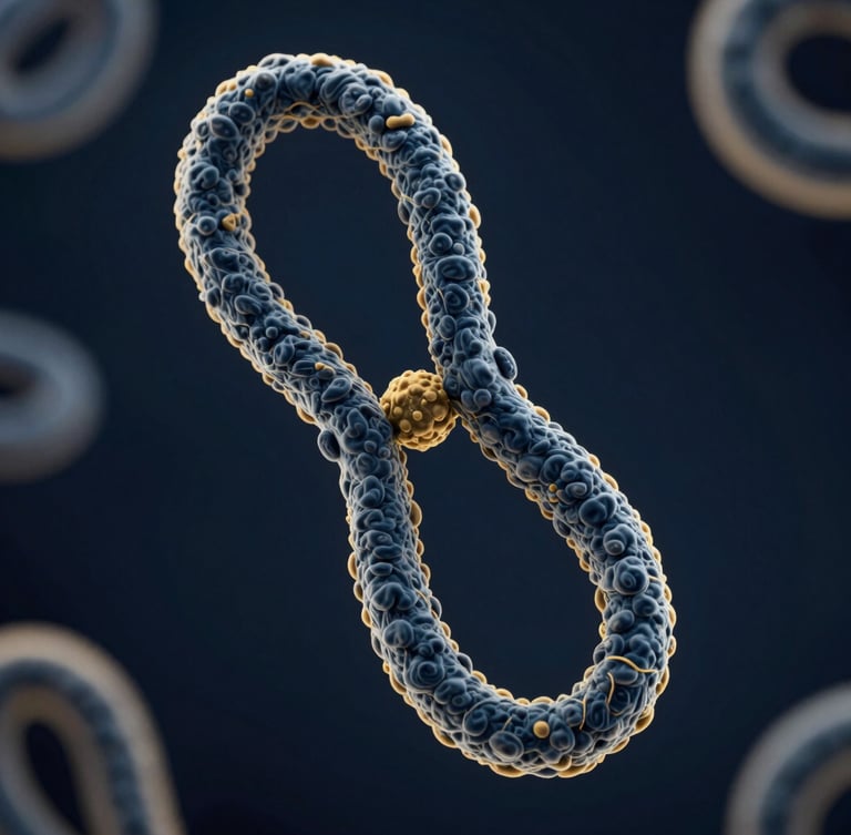 Crisp 3D scientific render of a chromatin loop structure, dark-field microscopy illumination, deep navy and gold tones, high-contrast macro focus, clinical laboratory aesthetic.