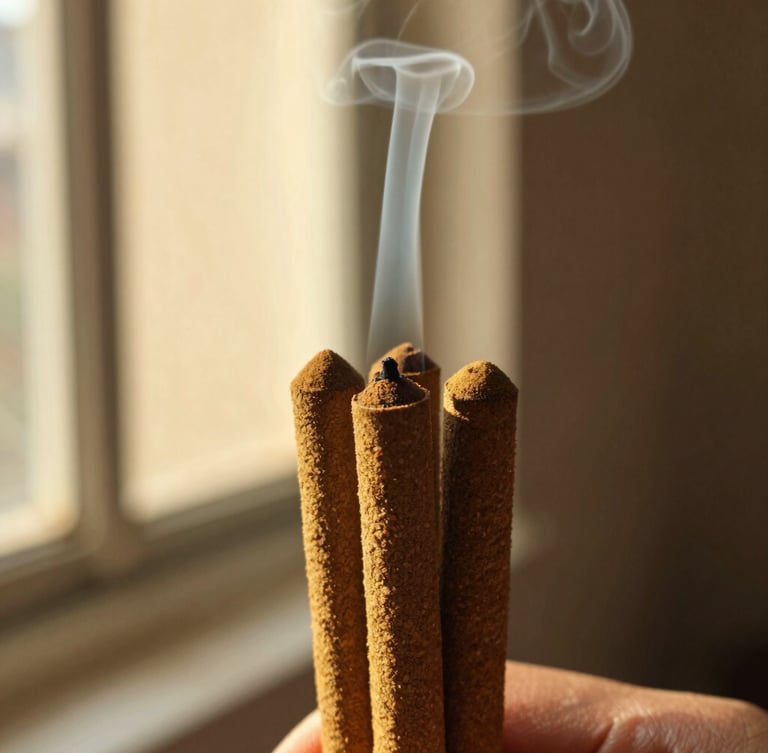 Close-up macro of hand-rolled incense cones showing natural texture, a single wisp of sacred smoke rising in a warm golden-hour window shaft, 35mm