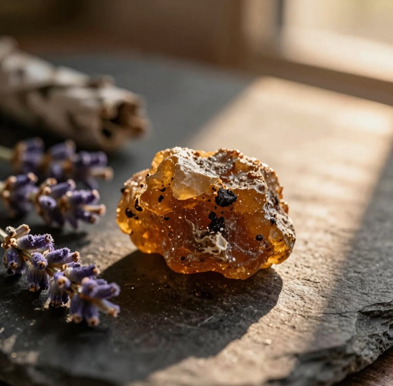 Close-up macro of raw copal resin, lavender buds, and dried white sage on a dark stone surface, warm shaft of light, mystical editorial photography, 35mm