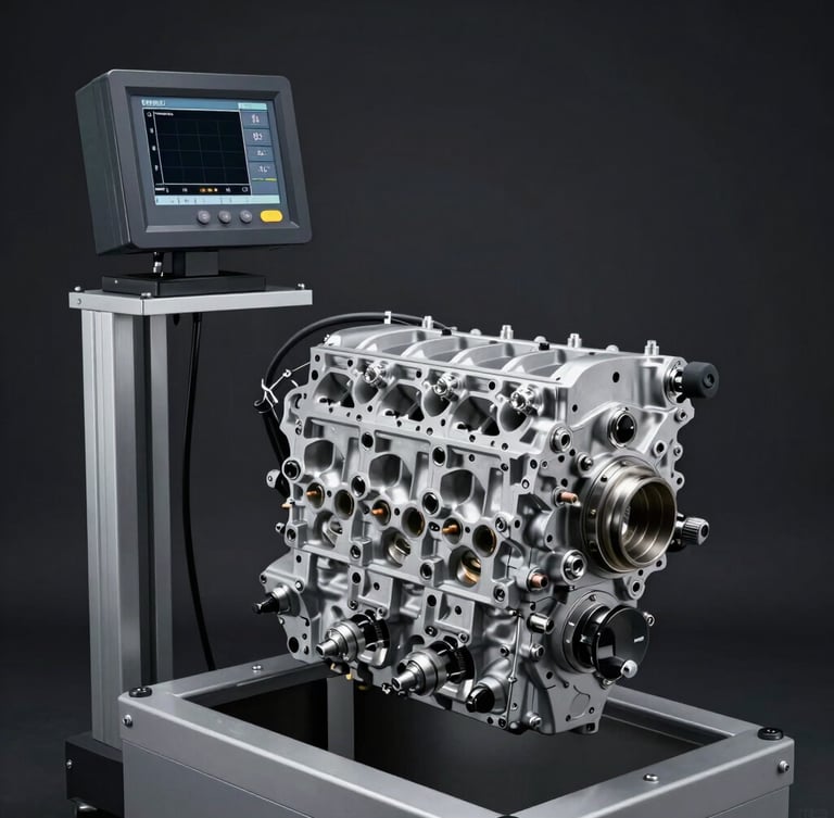 A high-contrast industrial studio shot of a clean engine block hooked up to a digital dynamometer testing rig with cool metallic highlights