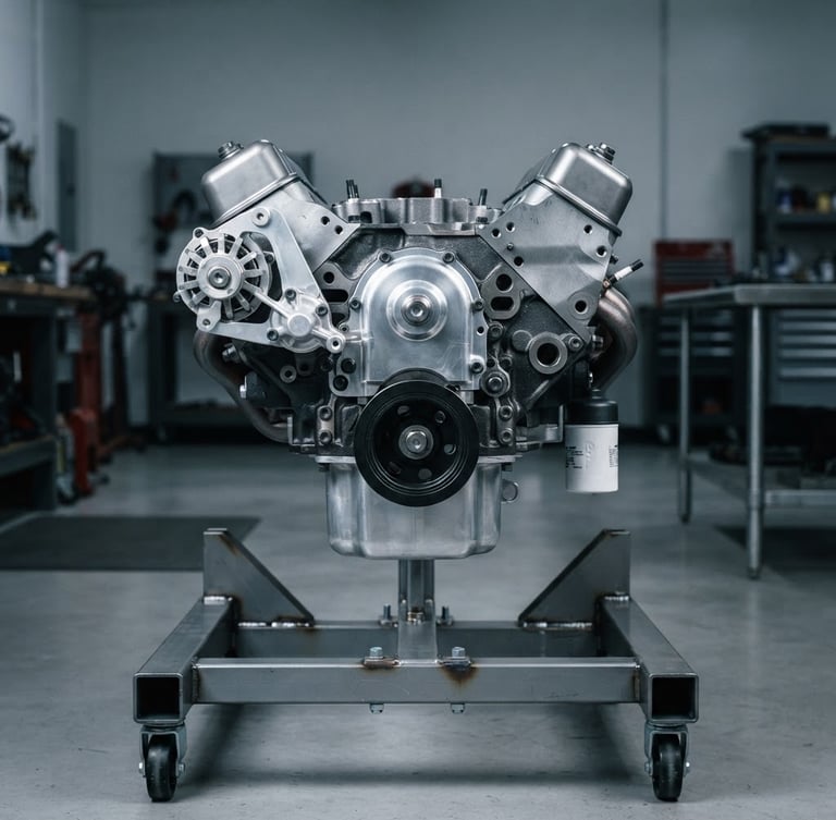 Straight-on technical product shot of a pristine, rebuilt V8 engine block on a heavy-duty steel stand, high-contrast industrial studio lighting, metallic highlights, cool-toned workshop background