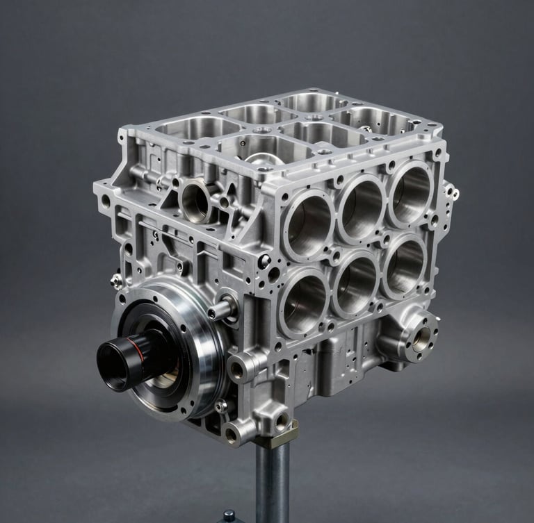 Straight-on technical product shot of a clean, rebuilt engine block on an engine stand in a cool-toned workshop, crisp metallic highlights, sharp focus