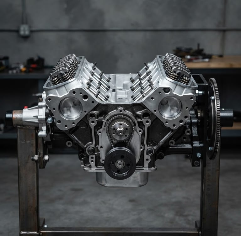 Straight-on technical product shot of a pristine, rebuilt V8 engine block on an industrial stand, cool metallic studio lighting, high-contrast silver and dark grey tones, sharp focus.