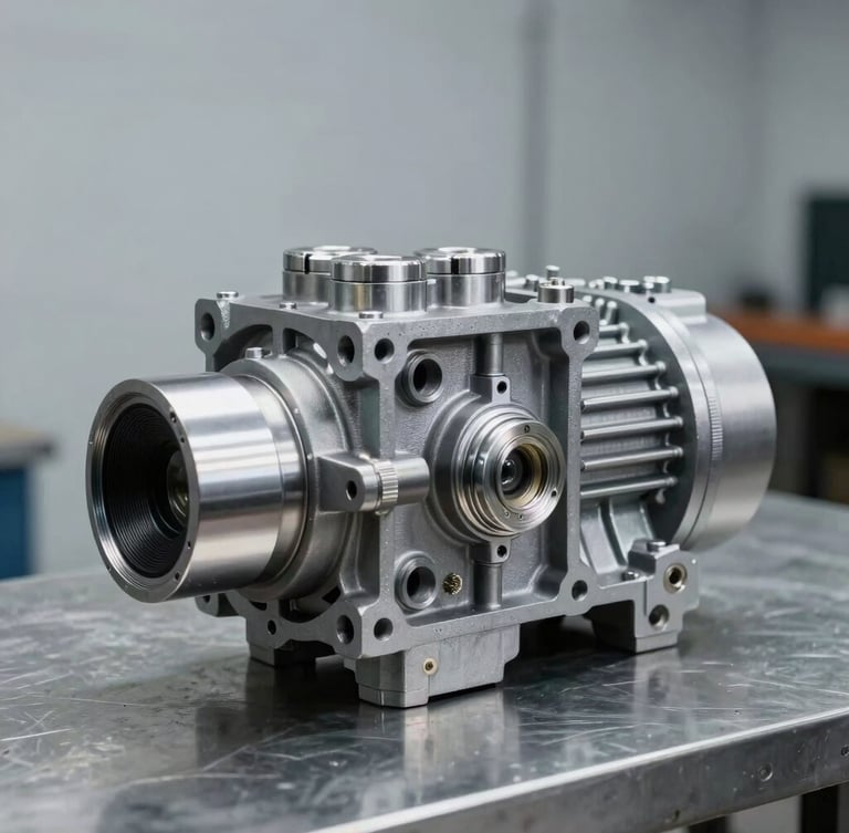 Crisp industrial product photography of a clean manual gearbox assembly on a metal workshop table, cool metallic studio lighting, high-contrast silver and dark grey tones, sharp focus, 50mm lens