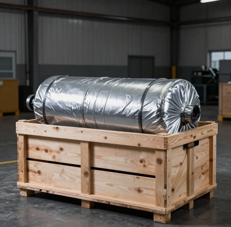 A clean, shrink-wrapped transmission secured inside a heavy-duty wooden shipping crate on a warehouse dock, industrial warehouse background, cool metallic lighting, sharp focus