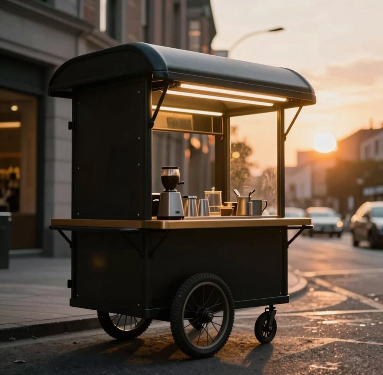 Cinematic photography of a vintage-style coffee cart on a city street at sunset, warm golden glow, deep matte black finishes, detailed metalwork, 35mm