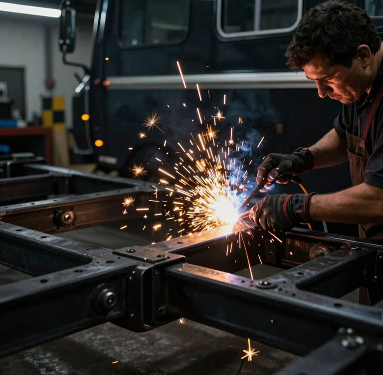 Close-up of a craftsman welding steel joints on a food truck chassis, glowing golden sparks, dark industrial workshop, high contrast, 35mm