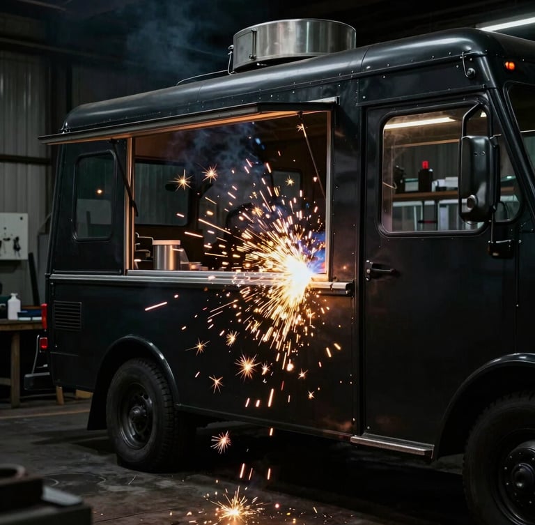 Cinematic 35mm shot of a vintage food truck being welded in a dark workshop, bright golden sparks flying, high contrast, matte black metal frame.