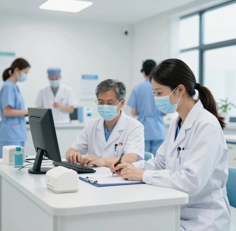 Bright clinical photography of a modern, well-lit hospital triage desk, soft white and sterile blue tones, professional medical staff in active care scenarios in the background, clean natural daylight, crisp focus, 35mm