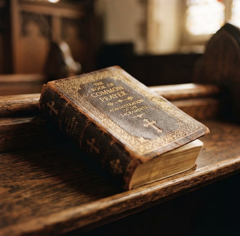Close-up of a classic leather Book of Common Prayer resting on a dark oak wooden pew, warm natural window light illuminating the gold-embossed pages, 35mm film aesthetic.