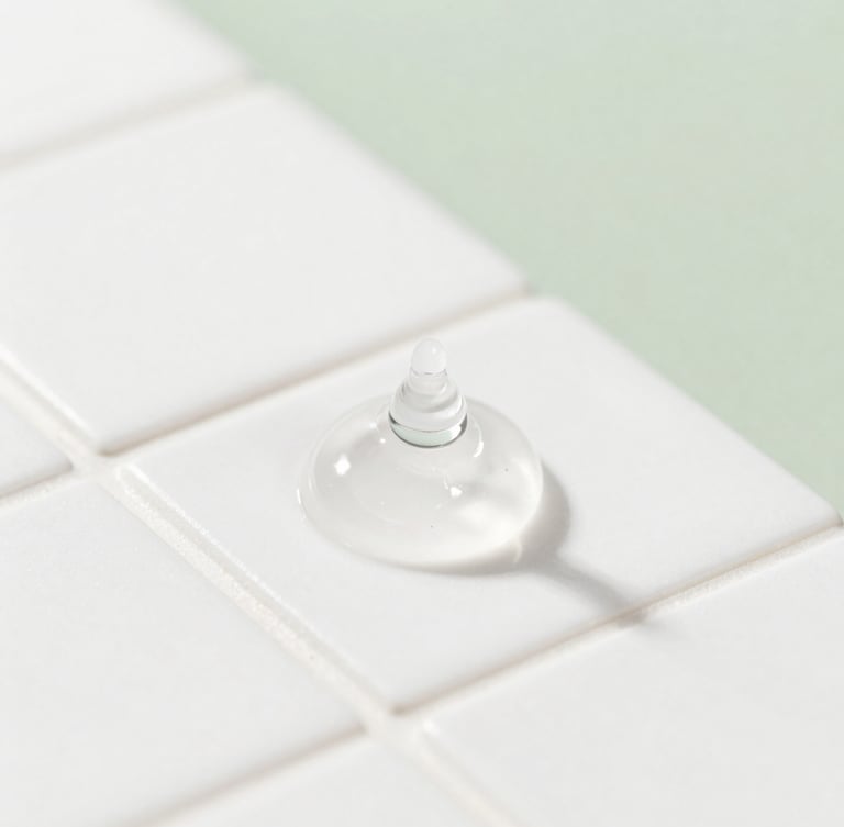 Extreme macro close-up of a clear gel skincare droplet on a clean white ceramic tile, bright high-key studio lighting, soft shadows, sharp focus, 50mm