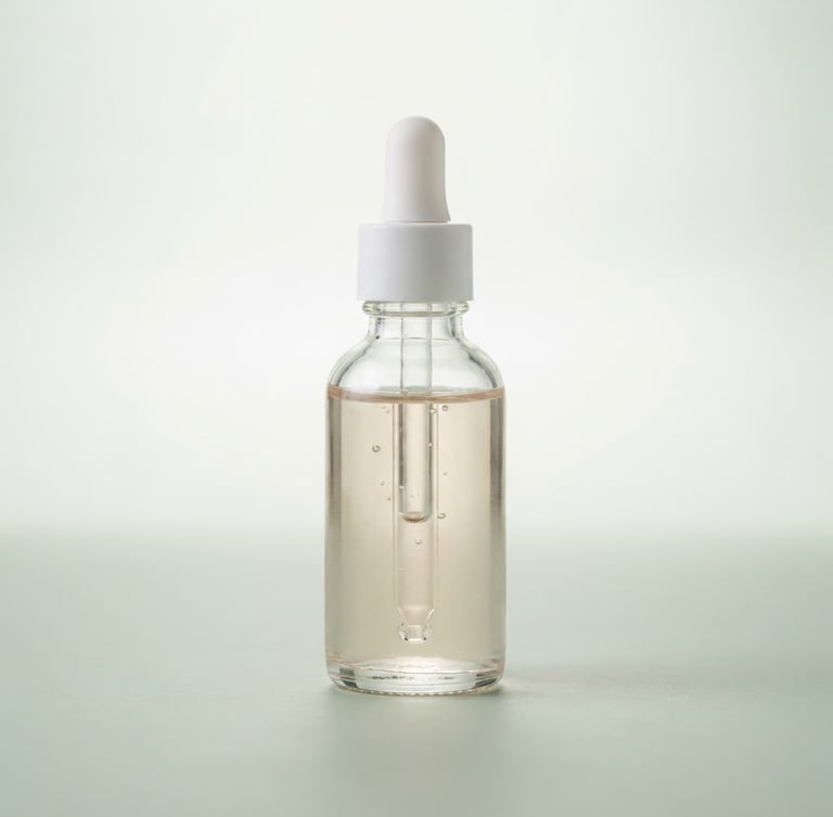 Centered, straight-on high-key product portrait of a clear glass serum bottle on a pale sage background, soft studio lighting, sharp focus, 50mm