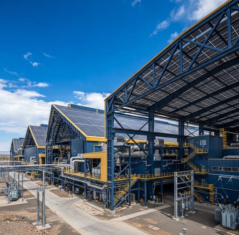 Low-angle architectural perspective of a massive industrial facility with solar arrays integrated onto structural steel roofing, bright daylight, high-contrast blue tones